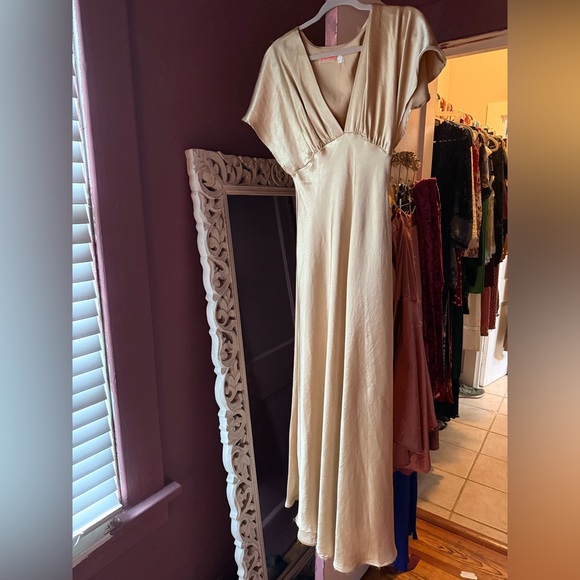 Free People Beatrice Dress in Warm Sand gold satin boho - Picture 5 of 8